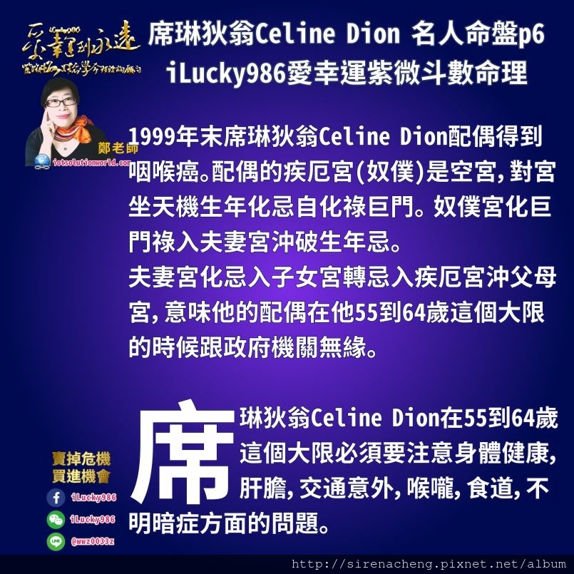 805席琳狄翁Celine Dion 名人紫微斗數命盤iLucky986愛幸運紫微斗數命理資訊顧問p6,1999年末席琳狄翁Celine Dion配偶得到咽喉癌。配偶的疾厄宮(奴僕)是空宮，對宮坐天機生年化忌自化祿 巨門。 奴僕宮化巨門祿入夫妻宮沖破生年忌。 夫妻宮化忌入子女宮轉忌入疾厄宮沖父母宮，意味他的配偶在他55到64歲這個大限的時候跟政府機關無緣。  席琳狄翁Celine Dion在55到64歲這個大限必須要注意身體健康，肝膽，交通意外，喉嚨，食道，不明暗症方面的問題。