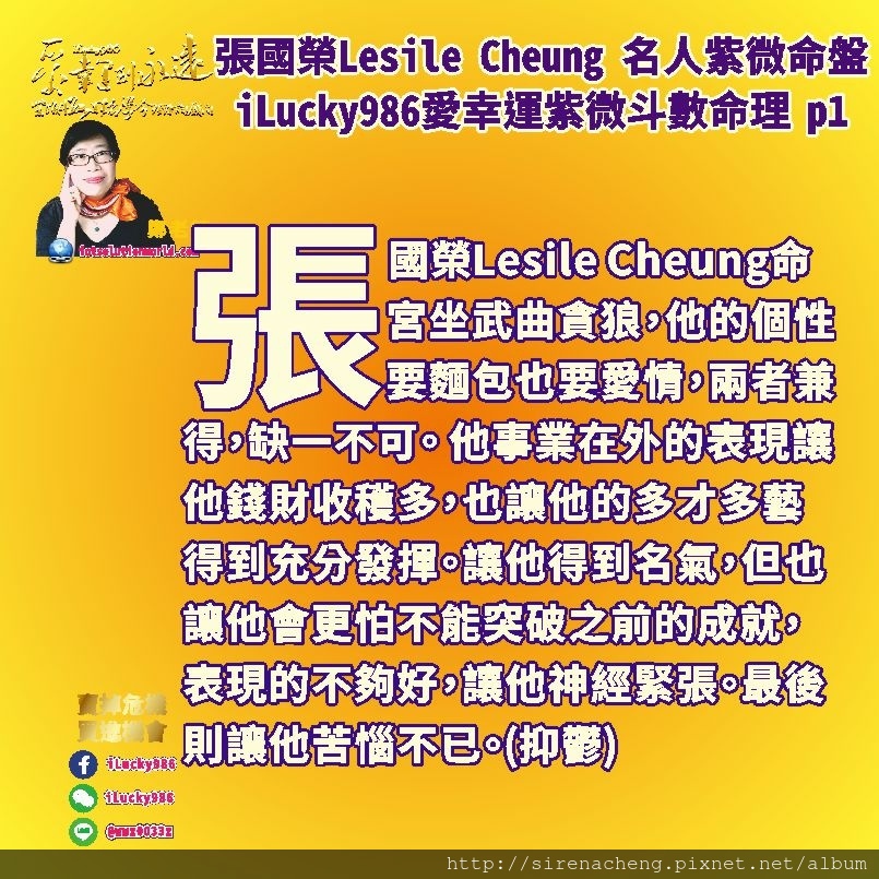 805 張國榮Lesile Cheung Kwok-wing名人紫微斗數命盤iLucky986愛幸運紫微斗數p1,張國榮曲昌同宮坐命，個性非常敏感纖細，特別是在藝術表演上面，能夠發揮美感，讓人有心曠神怡的感受。 而且他會因為藝術表演得到名聲和好評肯定。命宮自化科，藝術，音樂創作，娛樂表演方面精雕細琢修飾，包裝美化。自化忌，容易神經緊張。他會希望表現出來最好的一面去獲得大眾的肯定，讓他神經質，一直不滿意改了又改。