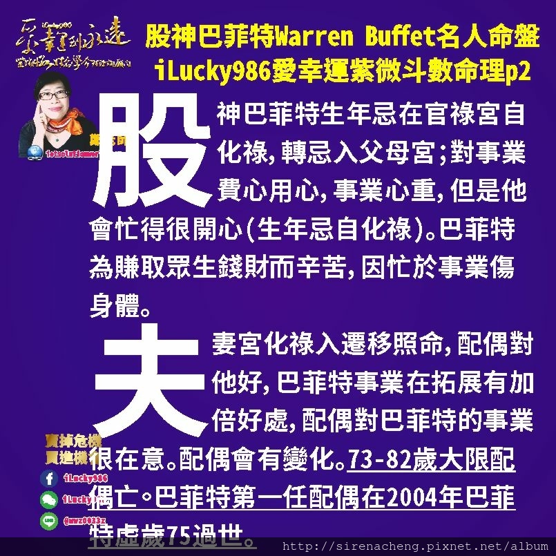 805 Warren Buffet 股神巴菲特名人紫微斗數命盤iLucky986愛幸運紫微斗數命理資訊顧問p2,巴菲特Warren Buffet太陽生年祿在本命遷移宮，轉祿入子女；在外人緣好機會多貴人多，在外表現聰明好的一面，善於掌握資訊，運用資訊，傳遞資訊，為人服務，把好人緣機會多貴人多在合夥交際投資上面獲利特別是發揮給人有高貴價值且多元應變才華在錢財處理上面會不斷分析比較計算利弊得失，而對自己有利，也讓自己人生發生改變。33-42歲大限變動獲利多。