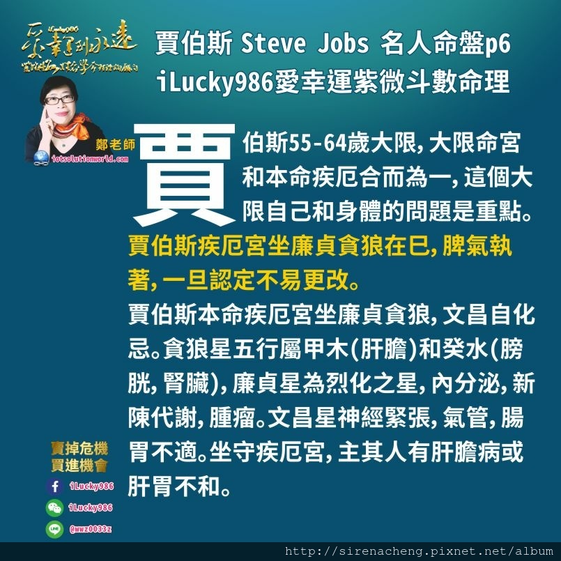 805賈伯斯Steve Jobs名人紫微斗數命盤iLucky986愛幸運紫微斗數命理資訊顧問p7,55-64歲大限，大限命宮和本命疾厄合而為一，這個大限自己和身體的問題是重點。賈伯斯疾厄宮坐廉貞貪狼在巳，脾氣執著，一旦認定不易更改。 賈伯斯本命疾厄宮坐廉貞貪狼，文昌自化忌。貪狼星五行屬甲木(肝膽)和癸水(膀胱，腎臟)，廉貞星為烈化之星，內分泌，新陳代謝，腫瘤。文昌星神經緊張，氣管，腸胃不適。坐守疾厄宮，主其人有肝膽病或肝胃不和。