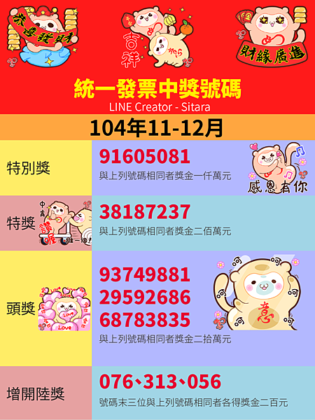 LINE - 2015(104年)11.12月統一發票中獎號碼