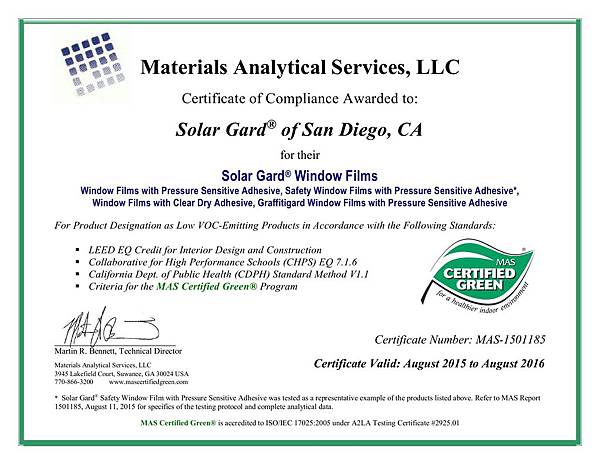 Solar Gard MAS Certified Green Certificate of Compliance 2015-16