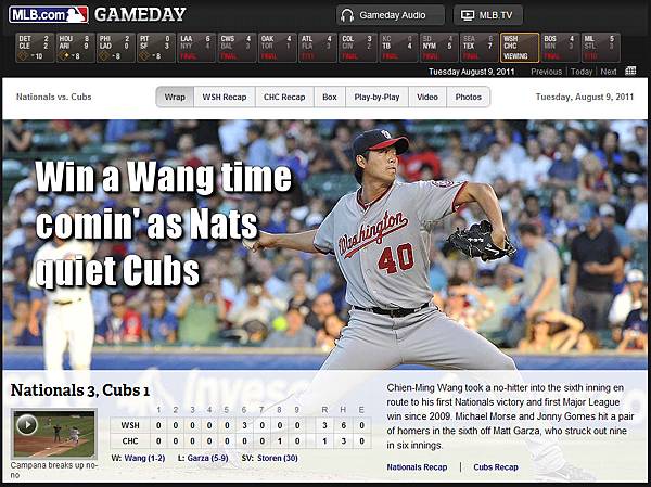 王建民復出首勝 MLB官網大圖 《Win a Wang time comin' as Nats quiet Cubs》20110809 