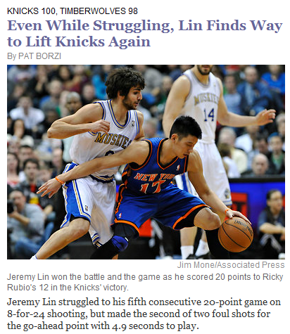 NY TIMES頭條 林書豪 Even While Struggling, Lin Finds Way to Lift Knicks Again 2012.02.11