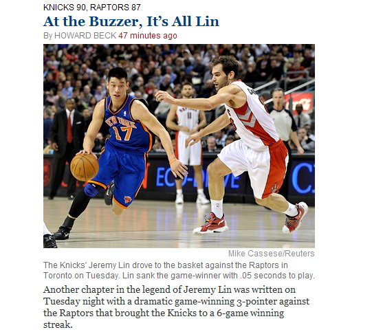 NY TIMES頭條 林書豪 At the Buzzer, It's All Lin 2012.02.14 