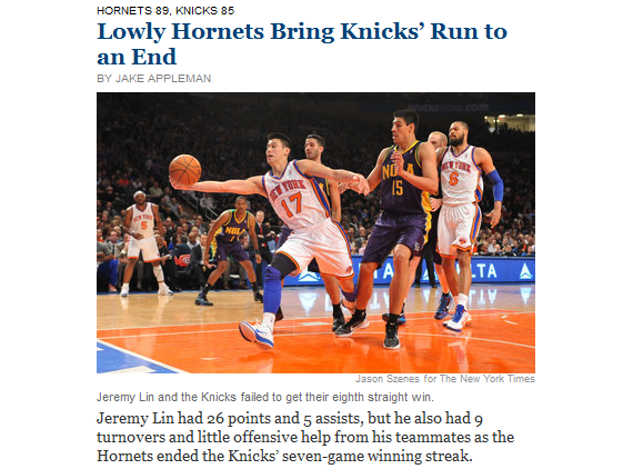 NY TIMES頭條 林書豪 Lowly Hornets Bring Knicks's Run To an End 2012.02.17