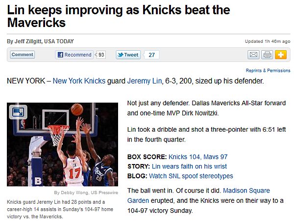 USA Today頭條 林書豪 Lin keeps improving as Knicks beat the Mavericks 2012.02.19