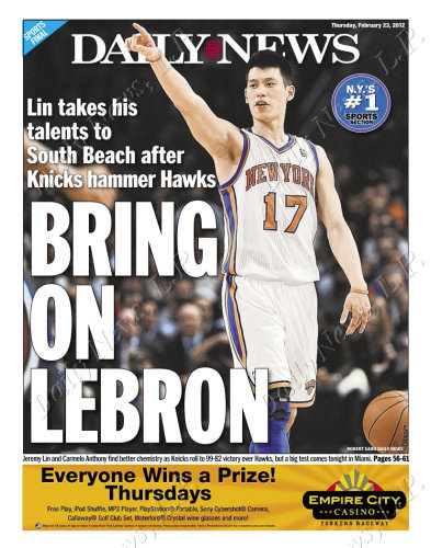 NY DailyNews 頭條 林書豪 BRING ON LEBRON 2012.02.23