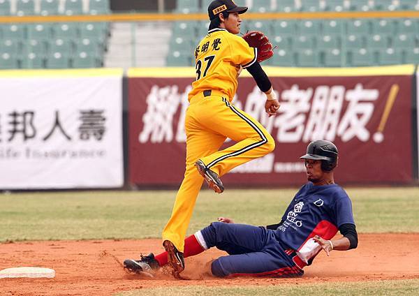 中職聯軍二壘手蔡明覺試圖完成雙殺守備