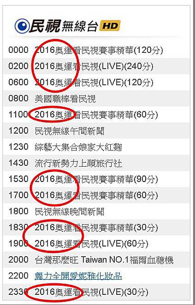 2016奧運看民視8/11(四)節目表直播轉播賽程民視無線台 811