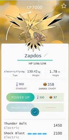 Pokemon Go,寶可夢,神奇寶貝,閃電鳥,CP數值 Pokemon Go,寶可夢,神奇寶貝,閃電鳥,CP數值