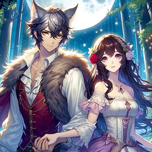 DALL·E 2024-03-17 21.07.37 - Create an anime illustration for the fable of 'The Wolf Prince.' Depict Karina, a beautiful woman with an aura of kindness, standing alongside Lupus i.jpg