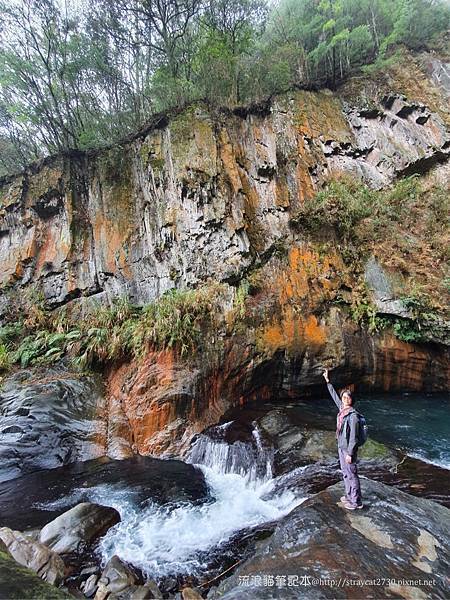 南投-帖比倫瀑布遊14，因地質岩石富含礦物質，形成彩色岩壁