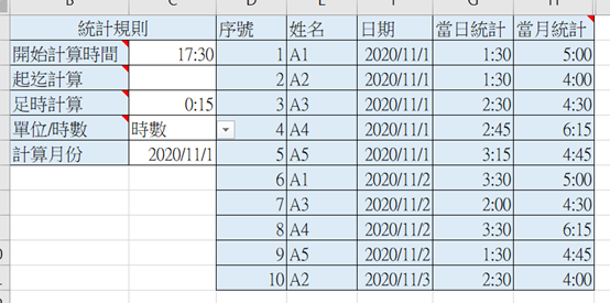 EXCEL加班統計