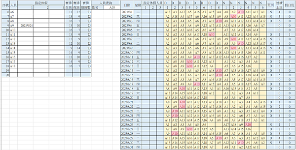EXCEL兩班排班表A