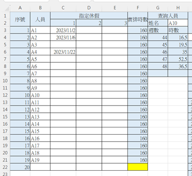 EXCEL時數排班表