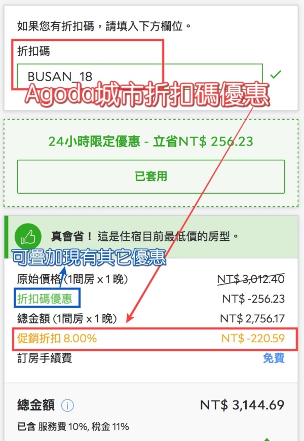 訂房時輸入釜山優惠agoda折扣碼，可再多省8%