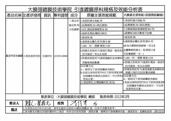 大膜頭鍍膜技術學院 鍍膜效能說明表