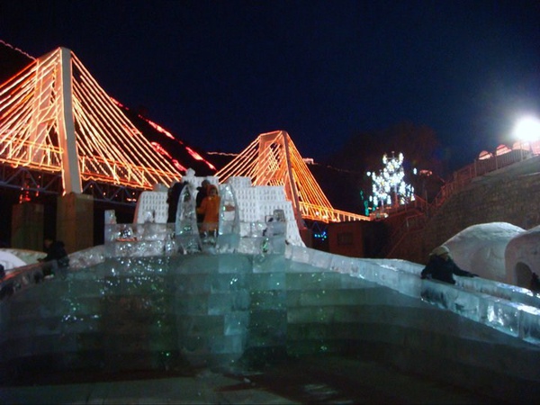 The slide is made of ice cubes! We played like kids.