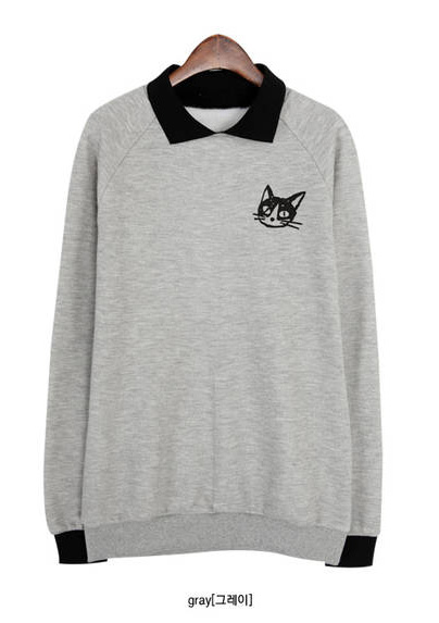 C1119PA0019∥微涼秋風∥微領灰色毛絨可愛手繪貓咪T恤