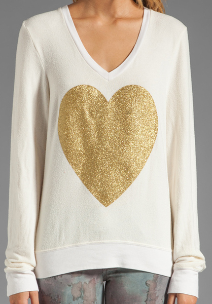 WILDFOX COUTURE Beige Exclusive Gold Sparkle Heart Baggy Beach Jumper In Cream