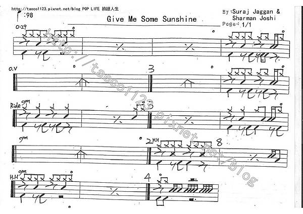 Suraj Jaggan & Sharman Joshi-Give Me Some Sunshine 鼓譜.jpg Suraj Jaggan & Sharman Joshi-Give Me Some Sunshine 鼓譜.jpg