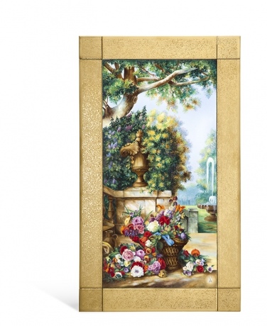 Wall painting of a %22Park landscape with basket of flowers and fountain%22, 60 x 35 cm.jpg