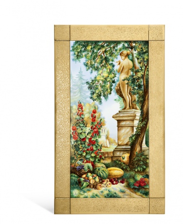 Wall painting of a %22Park landscape with basket of fruit and sculpture%22, 60 x 35 cm.jpg