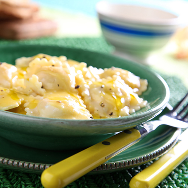 Ravioli stuffed with Olitalia - 100% Italian Oro extra virgin olive oil mousse with taleggio cheese fondue