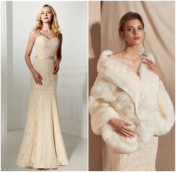 robe de soiree sirène champagne dentelle avec manteau en fourrure