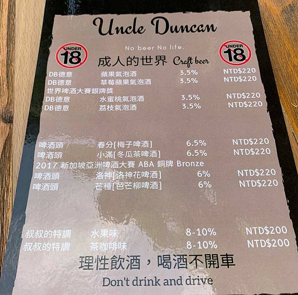 Uncle Duncan菜單：酒精飲料