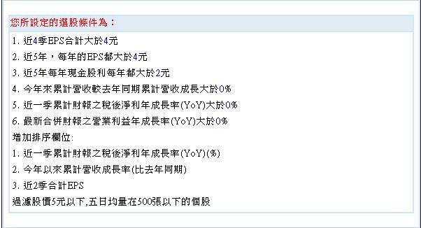 過去五年連續EPS高於4元且配息高於2元、且2013年營收及獲利均成長股.2