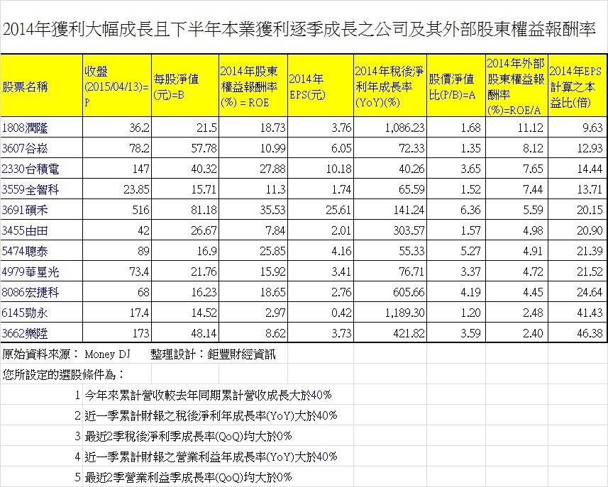 2014年獲利大幅成長且下半年本業獲利逐季成長之公司及其外部股東權益報酬率