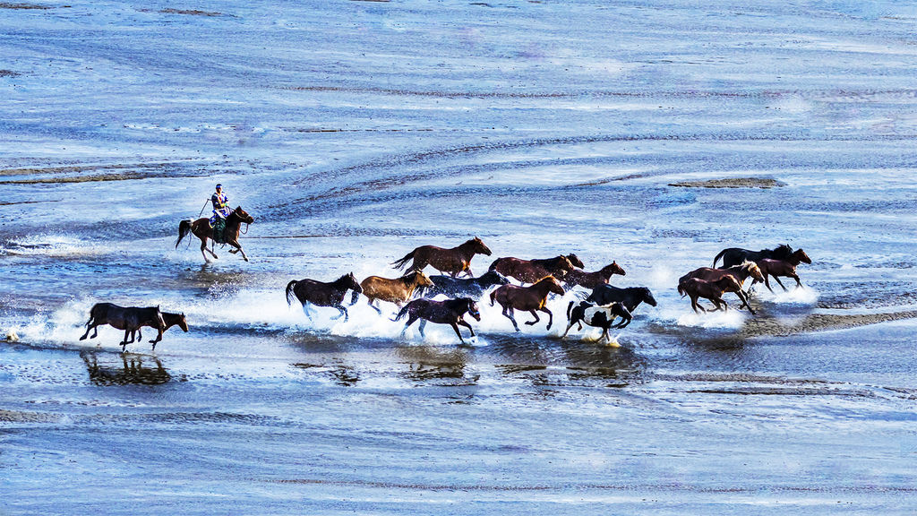 Galloping horse on the colorful river.jpg