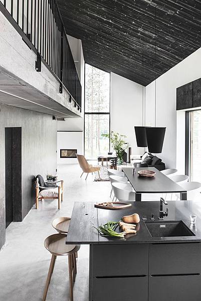 open floor plan narrow house living room dining room kitchen black ceiling loft second floor two story cococozy