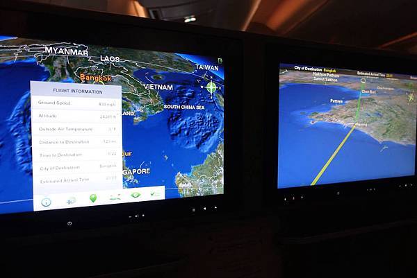  2342h DSC08117 Descending (Flight Map on Two Widescreens) (2329h Begin Descend, Note BKK is UTC7)