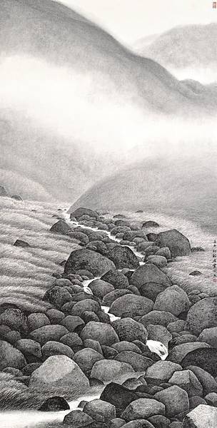 梁震明 叢石清澗 137.2x69.3cm 2002