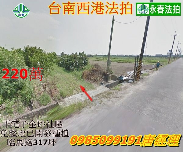 台南市西港區法拍農地下宅子金砂社區下宅子段317坪面寬約12米大馬路旁