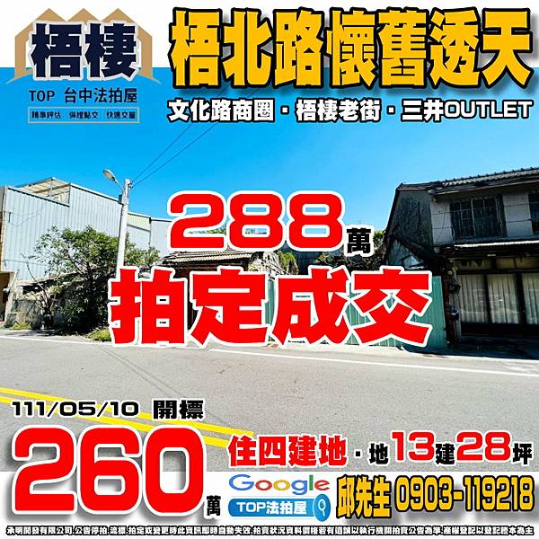 1110510 台中市梧棲區梧北路32號 梧北路懷舊透天 住四建地 文化路商圈 梧棲老街 三井OUTLET 61西濱快速道路 TOP法拍屋 承明法拍屋