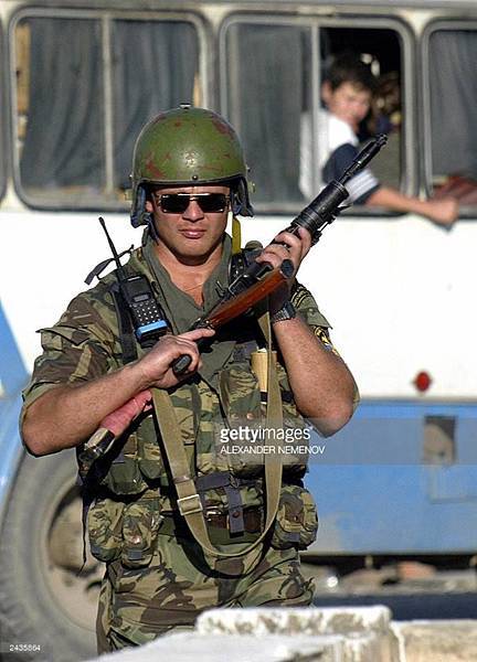 Grozny, 26th August, 2003. A Russian MVD spetsnaz trooper on patrol..jpg