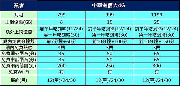 大4g中資費