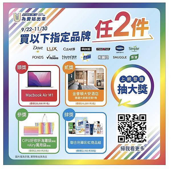 消費者於9月22日至11月30日期間購買任兩件聯合利華指定品牌商品，即可憑發票至聯合利華會員服務網登錄參與抽獎。.jpg