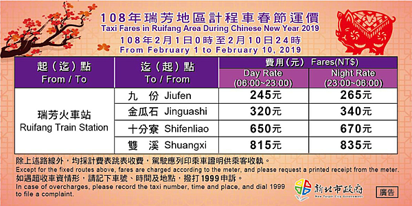 2019年新北市計程車春節運價加成收費方式