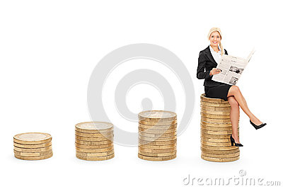 businesswoman-reading-news-seated-coins-pile-isolated-white-background-46697323