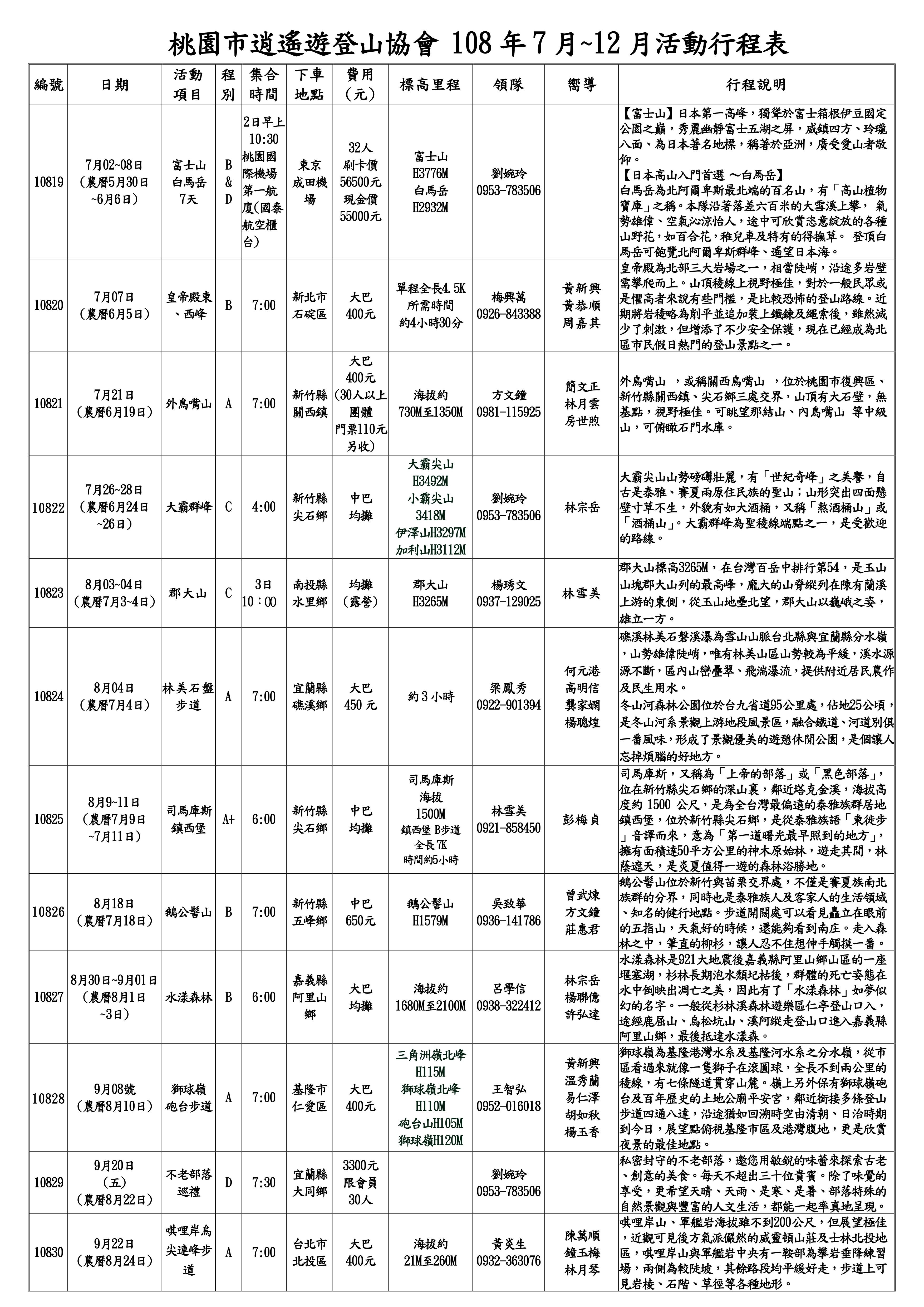 逍遙遊登山協會2019 登山行事曆7-12月