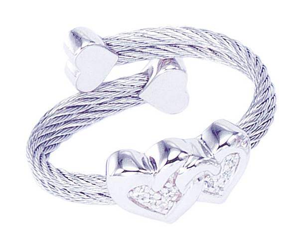 圖六CHERIE AMOUR珠寶系列戒指-純銀精鋼鋼索雙心內鑲方晶鋯石_NT$7,700