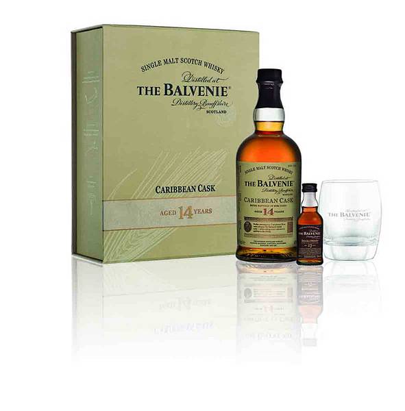 百富 THE BALVENIE加勒比海蘭姆桶單一純麥威士忌14年禮盒(14年單一純麥威士忌700ml一瓶+百富17年50ml迷你瓶+威士忌杯一只+精美禮盒NT$2,200)