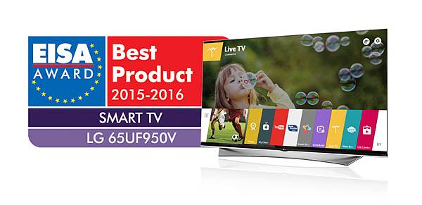 LG 65吋webOS 2.0 PRIME UHD TV(歐洲型號65UF950V，台灣同款型號65UF950T)為2015-2016歐洲智慧型電視冠軍得主。