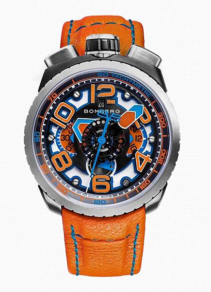 BOMBERG BOLT-68 AUTO-CHRONO STEEL BLACK PVD(橘色自動計時碼錶)，建議售價NT$123,900（林葦茹...