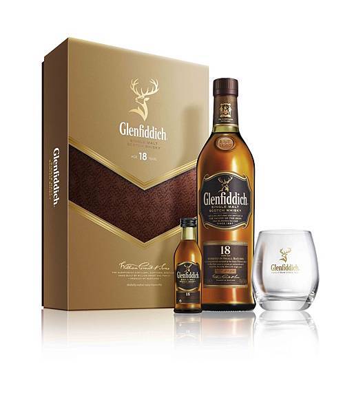 Glenfiddich 格蘭菲迪18年單一麥芽威士忌禮盒 (18年單一麥芽威士忌700ml 一瓶 + 50ml 迷你酒 + 威士忌杯一只  NT...